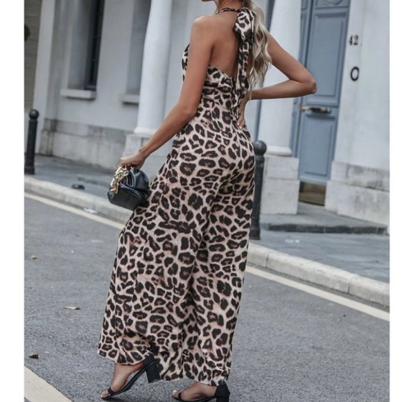 Leopard Aniaml Print Tie Backless Wide Leg Halter Jumpsuit Contemporary - Picture 6 of 6